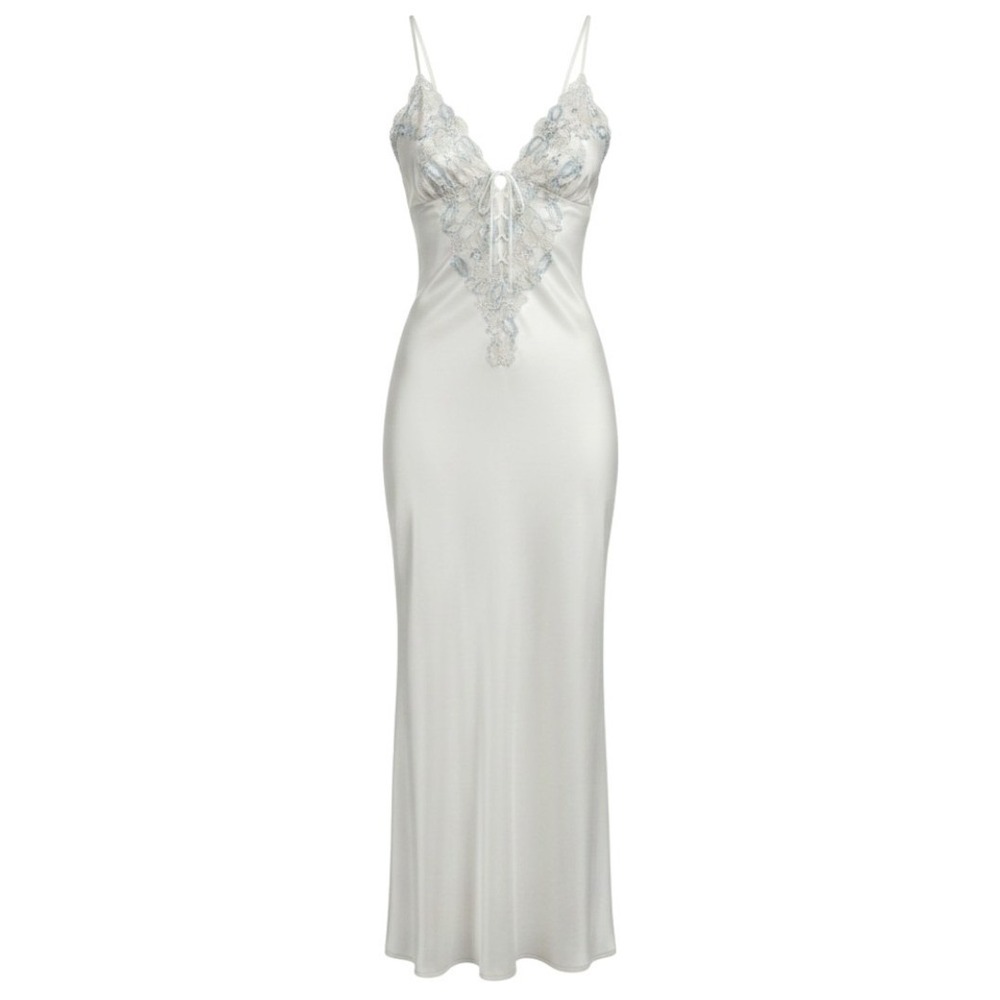 Vintage Victoria's Secret Satin Blue Lace Maxi Nightgown Chemise Ivory Large